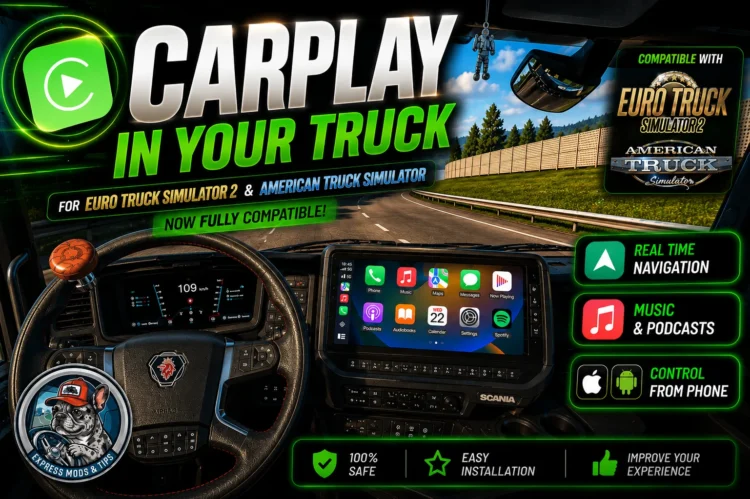 Real CarPlay Mod v1.2 – GPS, Spotify, YouTube & Phone Control | ETS2 + ATS 1.60