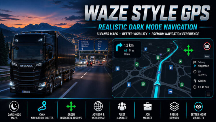 ETS2 Waze Style GPS Navigation Colors Realistic Dark Mode V2.6