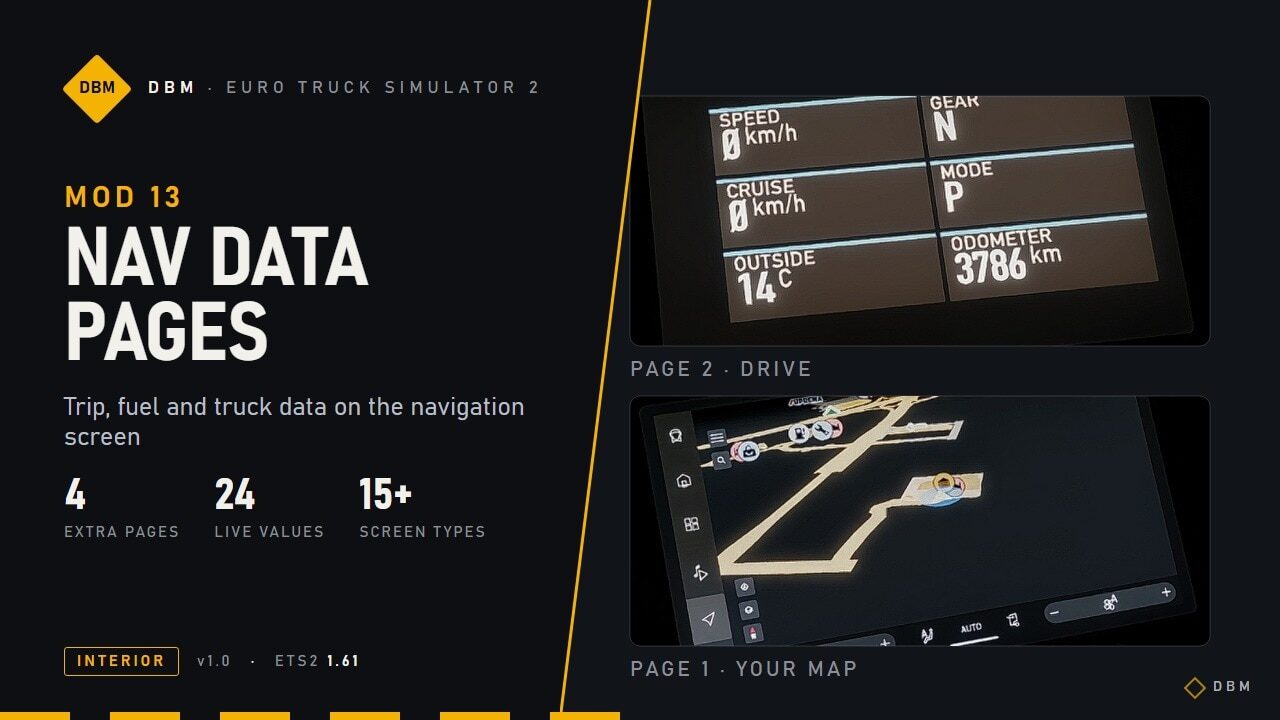 DBM Nav Data Pages – trip, fuel and truck data on your navigation screen 1.61