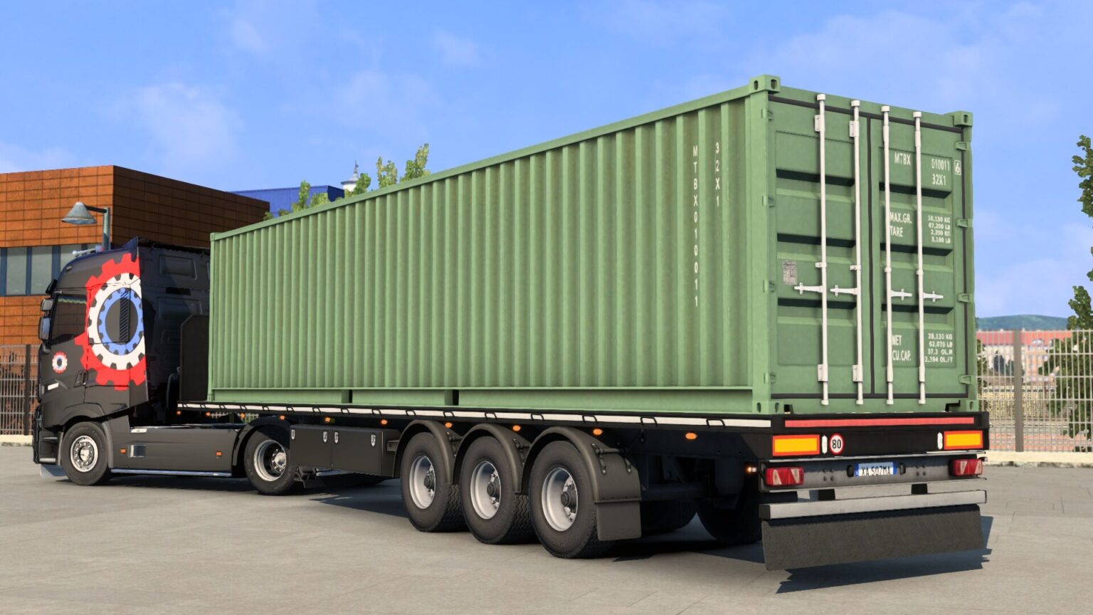 Detalhe das cintas de amarração corrigidas na carreta com pinos no ETS2